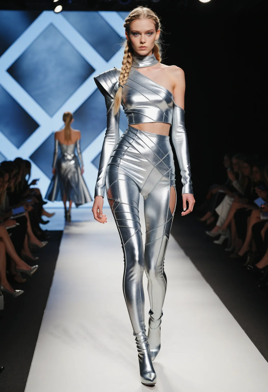 This is a photograph of a model strutting down a runway during a fashion show. The model is wearing an avant-garde, metallic silver ensemble that features a high-necked, long-sleeved bodice with exaggerated, angular shoulder pads. The bodice is fitted, leading into a voluminous skirt that flares out dramatically, creating a sense of movement and fluidity. The skirt is made up of layered, pleated fabric, giving it a textured, almost armor-like appearance. The model's legs are clad in matching metallic silver leggings that end in chunky, black platform shoes with straps, adding a striking contrast to the outfit. The model’s face is painted with bold, geometric patterns in shades of blue and white, contributing to the overall futuristic aesthetic. Her long, braided hair is styled in intricate, thick braids that cascade over her shoulders. The runway background is a plain, neutral gray, ensuring all attention is focused on the model and her striking ensemble. The lighting is soft, highlighting the metallic sheen of the outfit and casting subtle shadows that accentuate the texture and depth of the fabric. The overall ambiance of the photograph is one of high fashion and modernity. 1girl, solo, long_hair, looking_at_viewer, blonde_hair, long_sleeves, dress, standing, full_body, braid, makeup, colored_skin, hands_on_own_hips, realistic, grey_dress