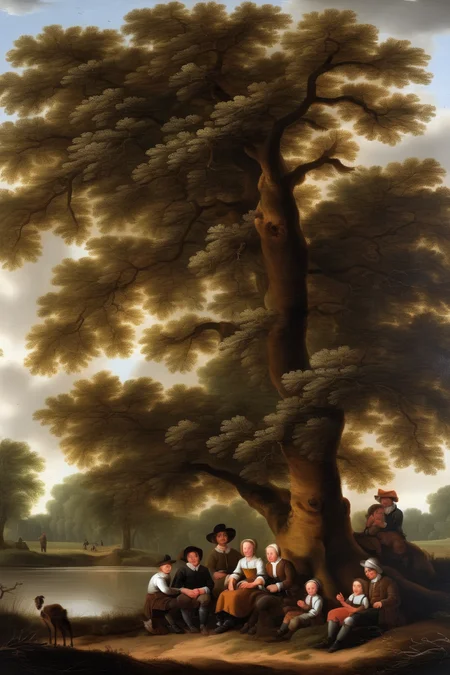 <lora:Salomon van Ruysdael Style:1>Salomon van Ruysdael Style - a family sitting near an oak tree, in a forest in the daytime, with a river near