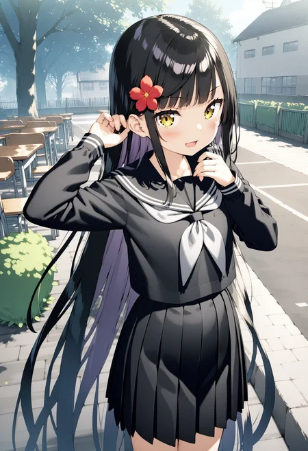 1girl, futarishizukaalt, (kani biimu), (unowen), sayori \(neko works\), black hair, absurdly long hair, (flat chest), black serafuku, black sailor collar, grey neckerchief, pleated skirt, hair flower, hand up, schoolyard, (detailed scenery), vibrant scenery, (masterpiece, best quality, very aesthetic, highly detailed, finely detailed:1.44), (3d render:0.05), happy, <lora:futarishizuka_animagine31_8-35:0.8:lbw=XMID>