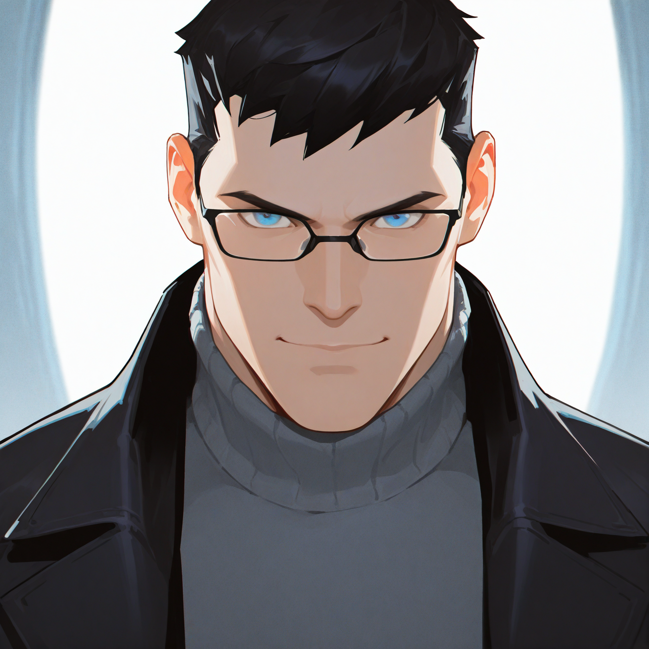 <lora:BATMAN_DCAMU:1> batman_dcamu, solo, short hair, blue eyes, black hair, 1boy, closed mouth, jacket, male focus, glasses, solo focus, blurry, black jacket, sweater, blurry background, turtleneck, portrait, grey shirt, reflection, turtleneck sweater, serious, grey sweater, looking at viewer, smile, multiple boys, 2boys, detailed background, motion blur, film grain, abstract, natural lighting, fantasy, cinematic, very awa, masterpiece, best quality, absurdres, newest, perfect quality, detailed background, intricate details, (artist:fl \(l-fl\):0.7), (artist:tooboshoo:0.7), (artist:dizdoodz:0.8)