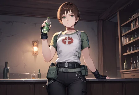 score_9, score_8_up, score_7_up, rebecca-chambers, resident evil, 1girl, fingerless gloves, brown hair, gloves, short hair, solo, choker, pants, flashlight, green eyes, belt, bottle, pouch, shirt, holding bottle, black gloves, holding, belt pouch, black pants, looking at viewer<lora:RE0_Rebecca_Chambers:1>