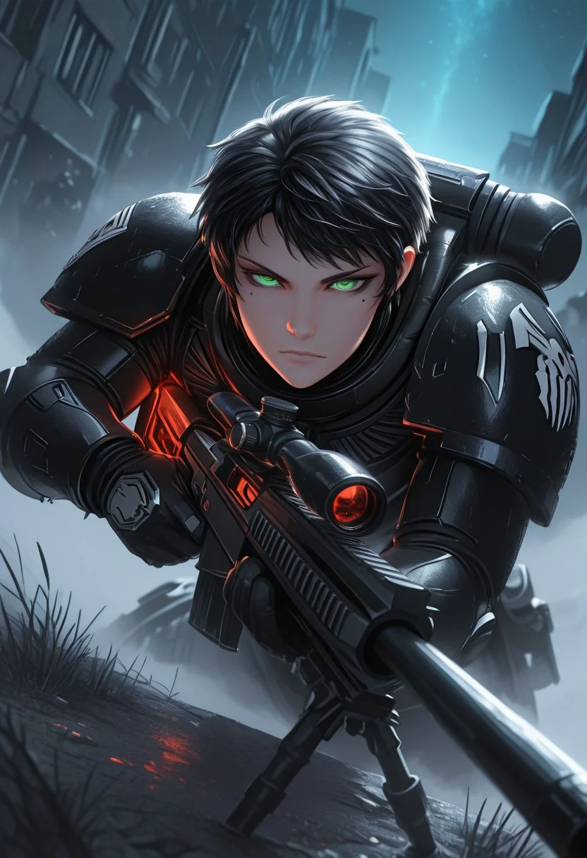 masterpiece, best quality, high quality, newest, highres, 8K, HDR, absurdres, dynamic angle, realistic, 1girl, wearing edgRG_(power armor), pauldrons, raven emblem, solo, 1girl, Sanae Sawamura, black hair, short hair, green eyes, perfect eyes, mole under eye, perfect face, holding a sniper, silhouette, DMZ, creepy, backlit, haunted, night sky, fog, mist, cold, dutch angle, dark outside, solo, close up, mid shot, dutch angle, <lora:edgIllustriousXL_Raven_Guard:1>