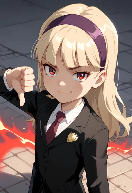 score_7, score_7_up, score_9, score_9_up, BREAK, DC_young_Justice_child ,1girl, blond hair, red eyes, purple hairband, white shirt, black coat, red tie,insignia, insignia on coat, smug smile, from above, arched back, cowboy shot, solo, <lora:thumbs-down-ponyxl-lora-nochekaiser:1>child, thumbs down,svil smile,, (portrai shot, upper body)