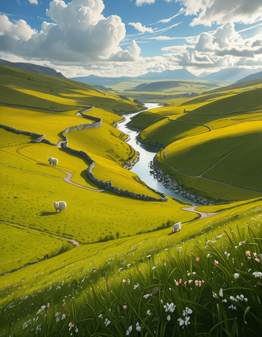 A breathtaking, high-resolution photograph of the rolling plains of Ireland, stretching endlessly under a vast, cloud-streaked sky. The landscape is a lush, vibrant green, with gentle hills covered in soft grass and dotted with scattered wildflowers. Ancient stone walls and winding dirt paths cut through the fields, marking old farmland boundaries. In the distance, a few solitary sheep graze peacefully, their white wool contrasting against the emerald grass. A small, clear river meanders through the valley, reflecting the soft light of the sky. The horizon is framed by low, misty mountains, adding depth and mystery to the scene. Above, the sky is a mix of bright blue and fluffy white clouds, casting dynamic shadows across the landscape as beams of sunlight break through. The atmosphere is serene, timeless, and rich with the natural beauty of the Irish countryside.
<lora:SDXLFaeTastic2400:0.4> <lora:extremely_detailed:0.4> extremely detailed,rolling plains of 1r3l4nd, <lora:rolling_plains_of_1r3l4nd-i:1>, Masterpiece,best quality,hi res,8k,hi res,8k,award winning,(sharp focus, intricate, highly detailed),