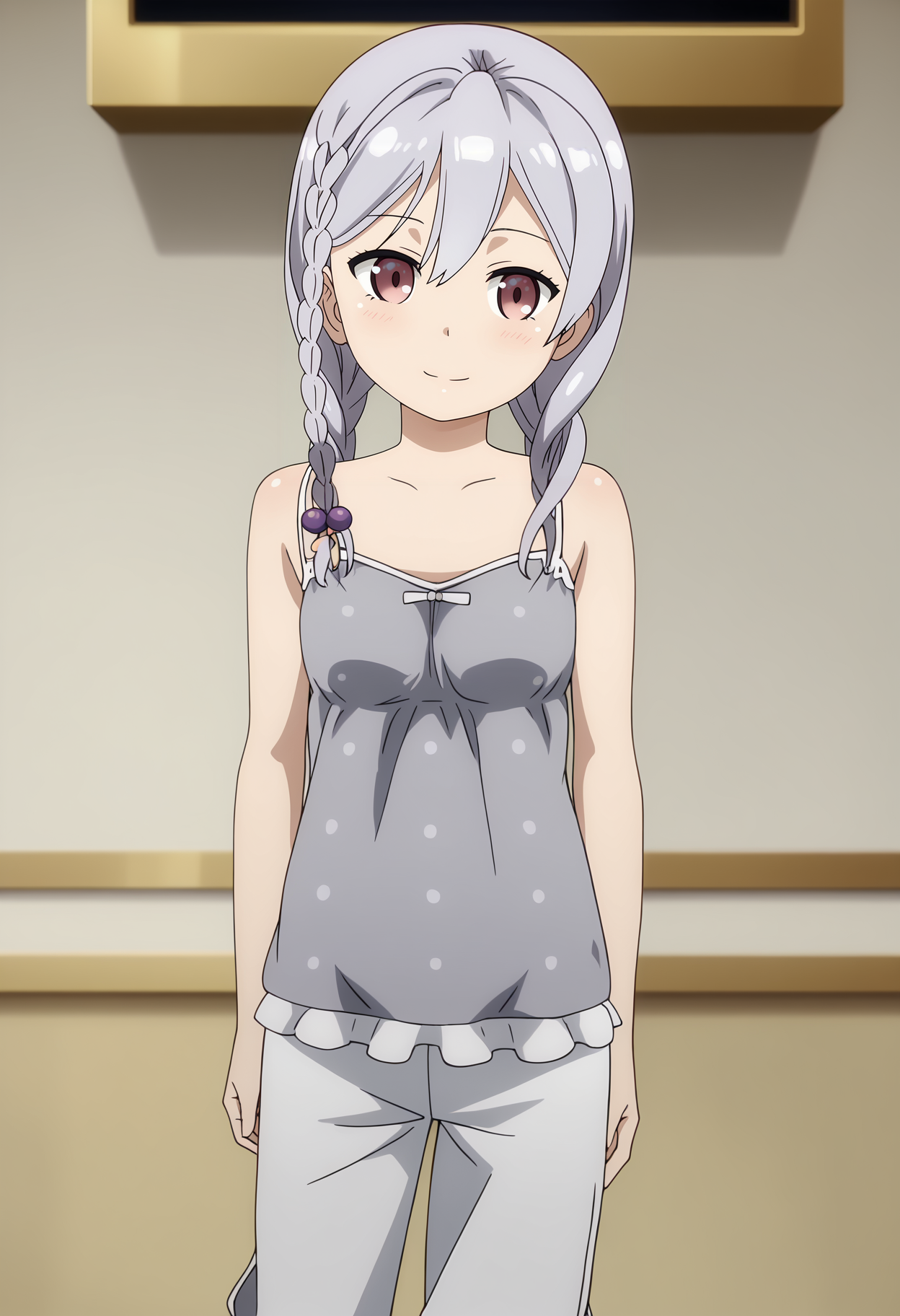 anime screencap,
<lora:OneRoom_AmatsukiMashiroXL:0.9>,
1girl, solo, light smile, head tilt,
long hair, grey hair, single braid, hair beads, multicolored eyes, hair between eyes,
MashiroHome, grey camisole, polka dot, frills, capri pants, grey pants,
arms at sides, standing, looking at viewer,
indoors