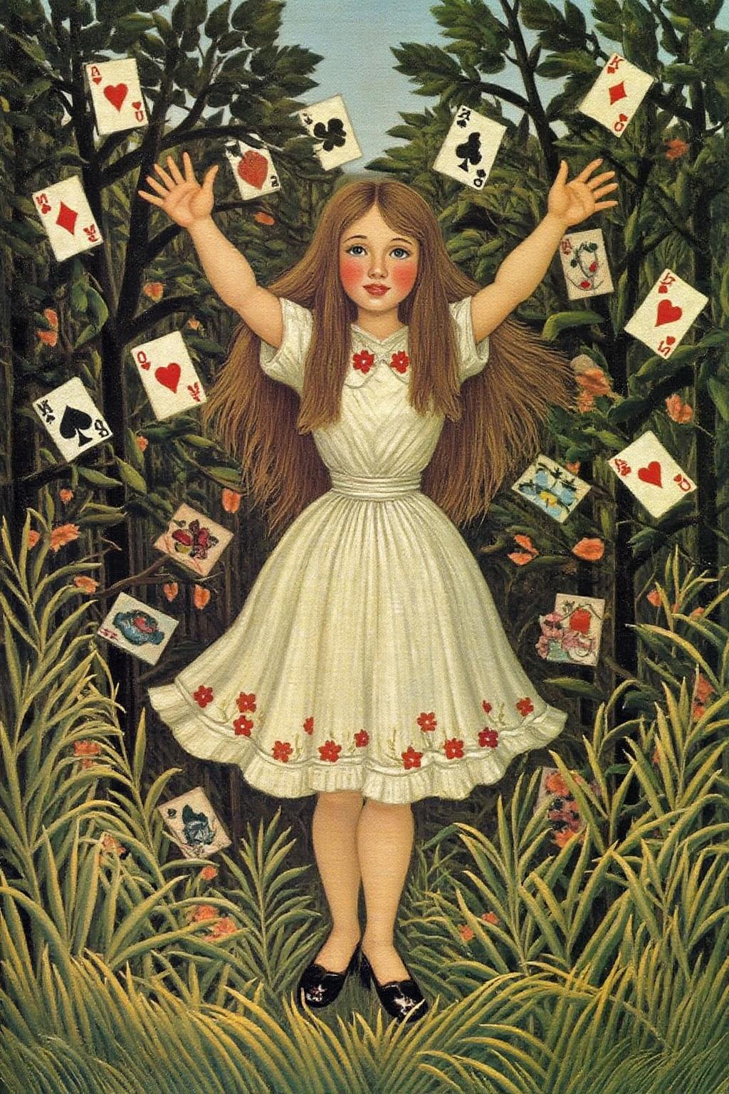 henrou1 painting
A scene from "Alice's Adventures in Wonderland." The central figure is a young girl, Alice, with long, flowing brown hair, wearing a white dress adorned with small red flowers. She appears to be in mid-motion, as suggested by her raised arms and the scattered playing cards flying around her. The cards are a mix of hearts, diamonds, clubs, and spades, which are depicted in a chaotic, swirling pattern around her, adding to the sense of disarray and wonder.
Sampler
DPM++ 2M SGM Uniform
Steps <lora:henrou1_jungle_cap_d6a3e14:1.0><lora:817689523501862810:0>