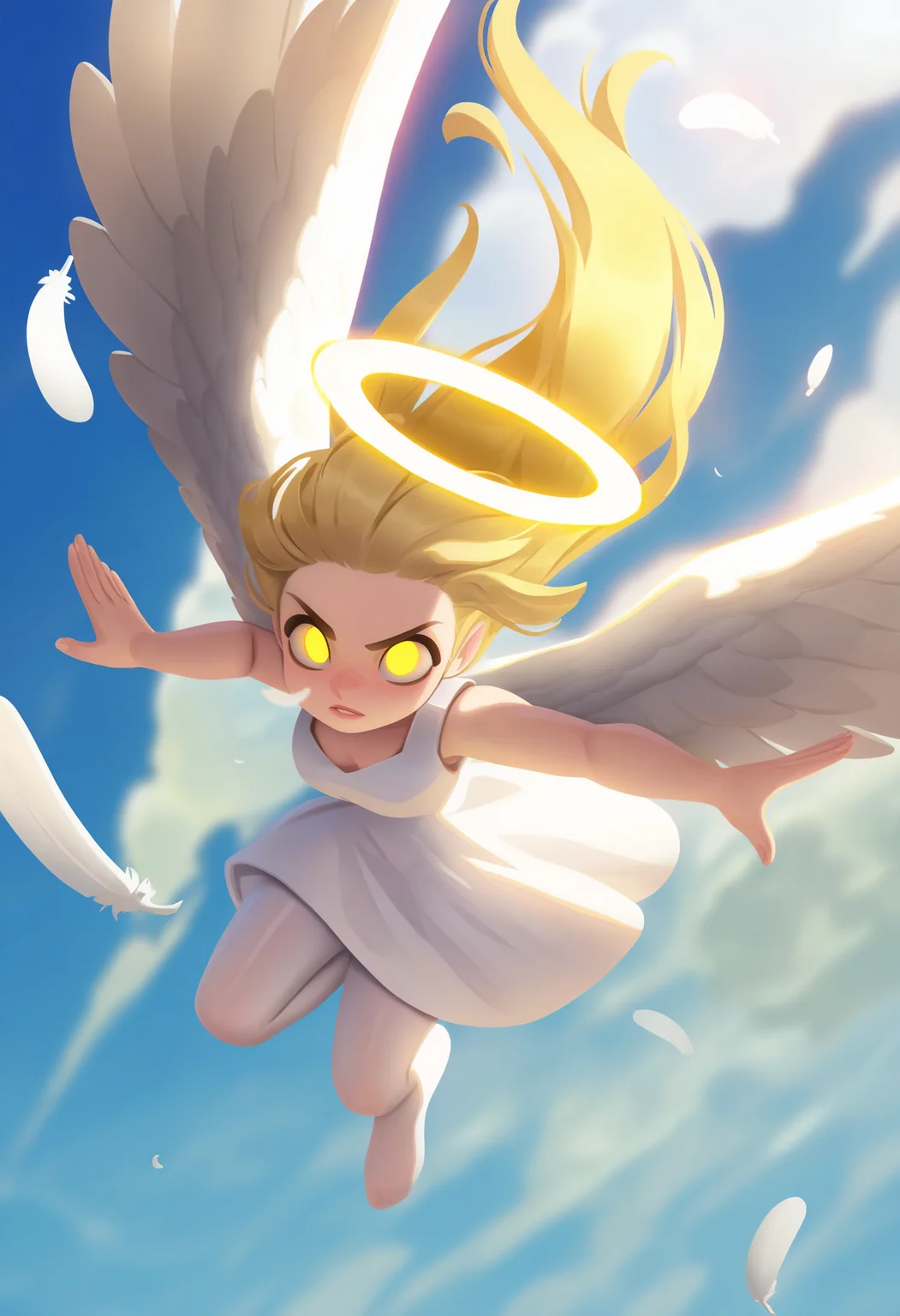 best quality, amazing quality, very aesthetic, absurdres,
BREAK
1girl, long hair, blonde hair, white theme, angel wings, white dress, feathers, sky, detailed background, white background, halo, white pantyhose, spread wings, outstretched, blue sky, cloud,
looking at viewer, yellow eyes, glowing eyes, <lora:TomacoSunderlandNoobLocon_byKonan:1>