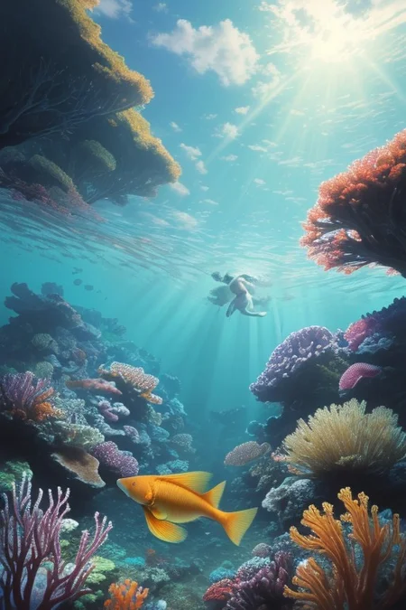 ([by Buckminster Fuller|by Santiago Calatrava]:1.5), (ultra high res:1.4), (masterpiece), (beautiful lighting:1.4) , lush green forest, Mountains, Bright sunlight illuminates the crystal-clear water, (deep underwater), anime, half above water and half below water, (clear underwater), beautiful sky with clouds and smoke, tropical fish, depth