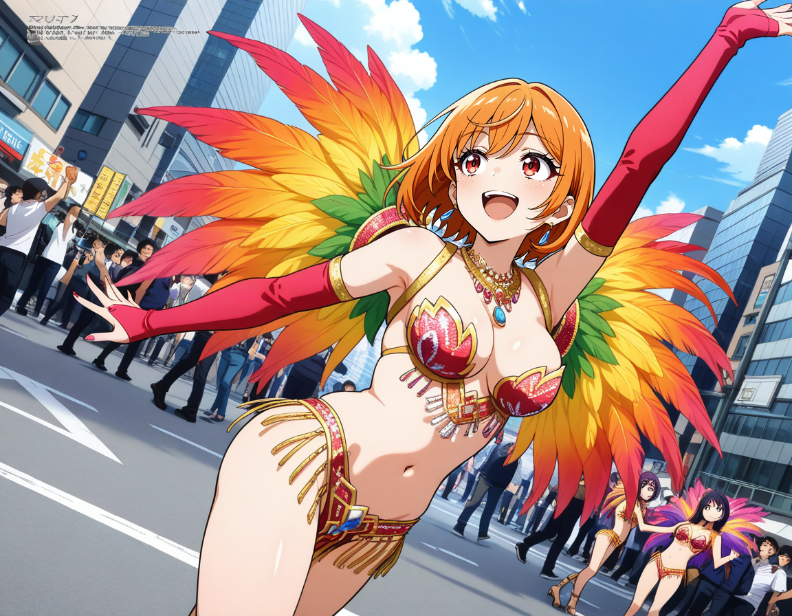 score_7_up, anime BREAK official art, solo, 1girl, one girl, 
dynamic angle, dynamic pose, megami magazine, 
BRERAK, 
<lora:Asakusa_Samba_Carnival_v2:0.8>, Asakusa Samba Carnival, outdoors, day, road, street, city, building, multiple girls, solo focus, dancing, Samba costume, 
navel, smile, feathers, jewelry, elbow gloves, arm up, medium breasts, revealing clothes, earrings, open mouth, necklace, fishnets, revealing clothes, 6+girls,
(masterpiece:1.3), best quality, high resolution, unity 8k wallpaper, extremely detailed CG, 8K, perfect anatomy, highly finished, masterpiece, best quality, high quality, amazing quality, great quality, very aesthetic, ultra detailed, highres, absurdres, highly detailed, highly detailed background,