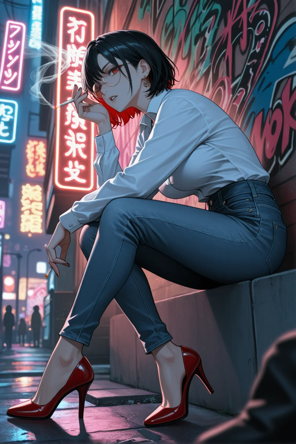 1girl, cigarette, holding cigarette, pants, solo, sitting, high heels, smoking, short hair, neon lights, holding, jeans, long sleeves, black hair, shirt, red footwear, denim, glasses, smoke, full body, parted lips, round eyewear, red eyes, white shirt, jewelry, graffiti, outdoors
masterwork, masterpiece, best quality, detailed, depth of field, , high detail, best quality, very aesthetic, 8k, dynamic pose, depth of field, dynamic angle, adult, aged up