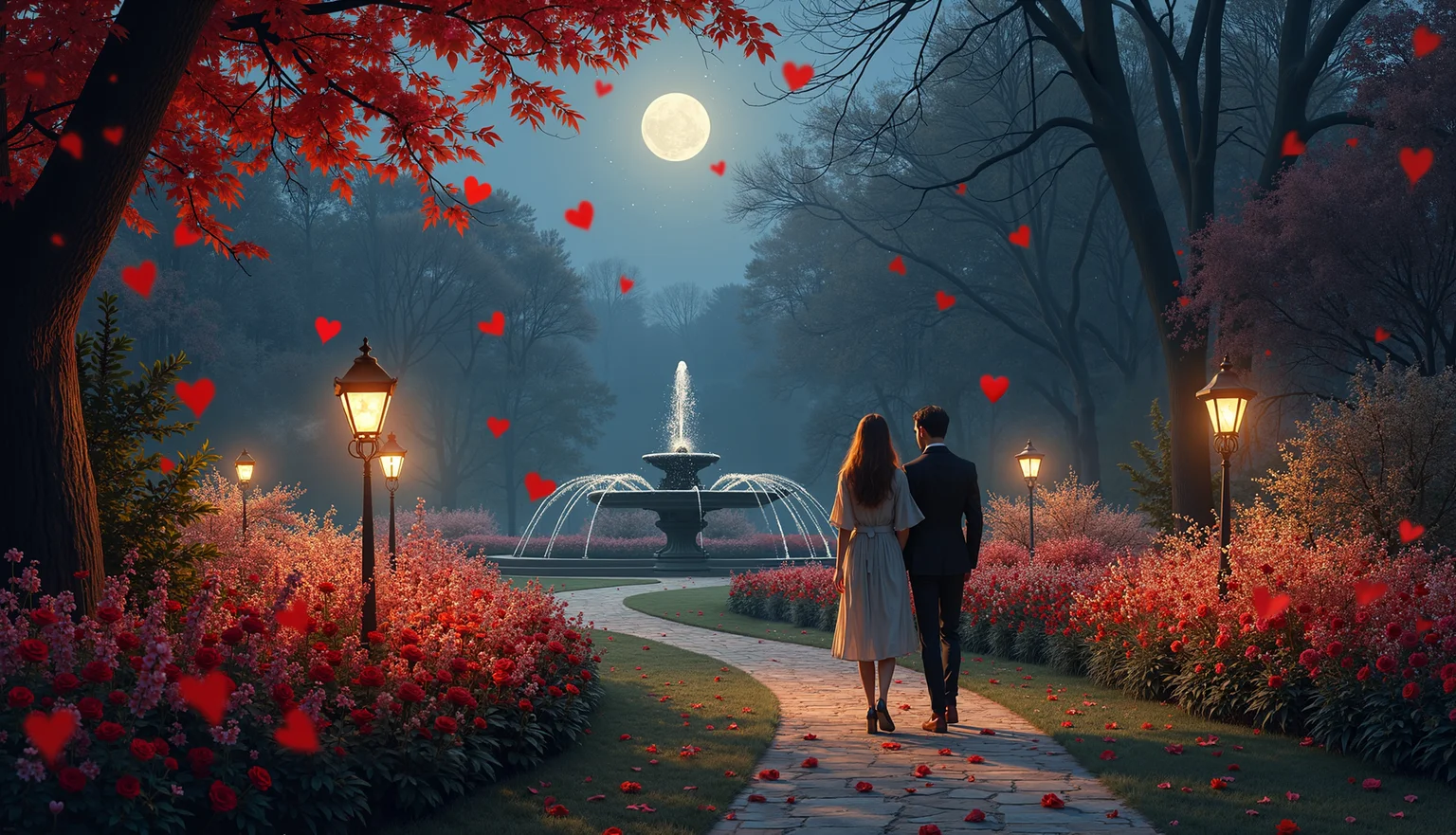 Luminous, velvety darkness of a February evening, Valentine's Day whispers secrets to the Lovers' Landscape garden, where tender shoots of passionflower and crimson roses unfurl like tender kisses. Softly glowing lanterns, crafted from delicate glass and wrought iron, cast an ethereal light upon the winding paths, as if the moon itself had descended to guide lovers through this enchanted realm.

The air is alive with the sweet scent of blooming jasmine, its delicate white petals unfolding like tiny hearts, releasing their fragrance into the night air. The sound of gentle trickling water, a soothing melody of love and longing, weaves through the garden, as the soft rustle of leaves and the distant chime of wind chimes create a symphony of romance.

In the distance, a majestic fountain, adorned with delicate carvings of intertwined couples, rises majestically, its waters dancing in rhythmic harmony with the beat of the heart. As the breeze stirs, the flowers sway gently, releasing a shower of rose-petal heart-shaped confetti, like nature's own declaration of love.

Amidst this tapestry of beauty, two figures stroll hand in hand, their footsteps quiet on the dewy grass. Their faces aglow with the soft light, their eyes locked in a tender gaze, they move as one, their love a living, breathing entity that fills the air around them.

As the clock strikes midnight, the sky above transforms into a canvas of twinkling stars, a celestial celebration of the day of love. And in this moment, the Lovers' Landscape garden becomes a sanctuary of devotion, where the very essence of romance blooms, a testament to the enduring power of love. Crafted in the style of Claude Monet's Impressionist masterpieces, with brushstrokes of 