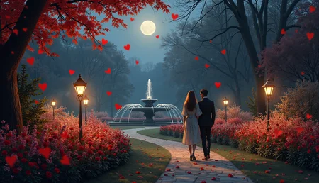 Luminous, velvety darkness of a February evening, Valentine's Day whispers secrets to the Lovers' Landscape garden, where tender shoots of passionflower and crimson roses unfurl like tender kisses. Softly glowing lanterns, crafted from delicate glass and wrought iron, cast an ethereal light upon the winding paths, as if the moon itself had descended to guide lovers through this enchanted realm.
The air is alive with the sweet scent of blooming jasmine, its delicate white petals unfolding like tiny hearts, releasing their fragrance into the night air. The sound of gentle trickling water, a soothing melody of love and longing, weaves through the garden, as the soft rustle of leaves and the distant chime of wind chimes create a symphony of romance.
In the distance, a majestic fountain, adorned with delicate carvings of intertwined couples, rises majestically, its waters dancing in rhythmic harmony with the beat of the heart. As the breeze stirs, the flowers sway gently, releasing a shower of rose-petal heart-shaped confetti, like nature's own declaration of love.
Amidst this tapestry of beauty, two figures stroll hand in hand, their footsteps quiet on the dewy grass. Their faces aglow with the soft light, their eyes locked in a tender gaze, they move as one, their love a living, breathing entity that fills the air around them.
As the clock strikes midnight, the sky above transforms into a canvas of twinkling stars, a celestial celebration of the day of love. And in this moment, the Lovers' Landscape garden becomes a sanctuary of devotion, where the very essence of romance blooms, a testament to the enduring power of love. Crafted in the style of Claude Monet's Impressionist masterpieces, with brushstrokes of