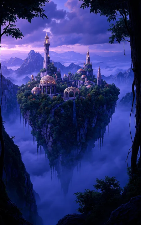 a vast skyborne elven city hovering above a sea of clouds,designed with leaf-shaped buildings and shimmering domes,bioluminescent vines wrapping around the structures,twilight lighting with a violet and indigo color palette,cinematic wide-angle view,magical fantasy style.,
<lora:aidmaMJ6.1_v0.5_3:0.6>,aidmaMJ6.1,<lora:klordoftherings-01:0.8>,klordoftherings,