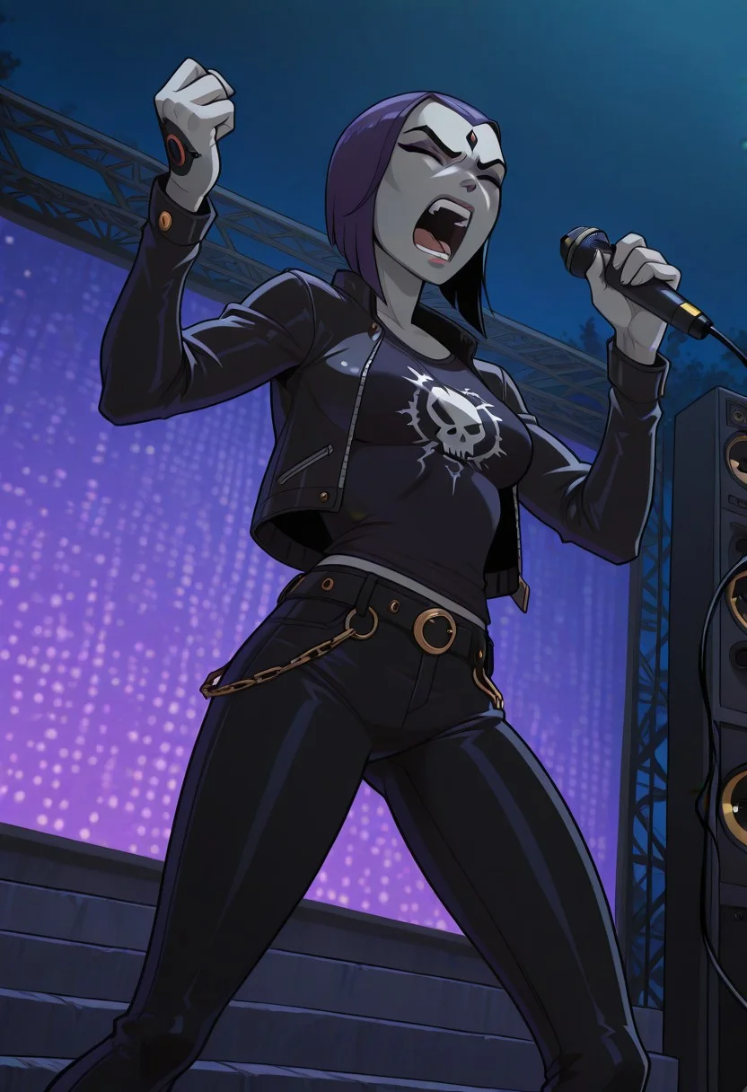 masterpiece, best quality, 2d, mrporty, absurdres,
BREAK,
1girl, solo, raventt, grey skin, forehead jewel, purple hair, short hair, purple eyes, medium breasts, mature female, 20 year old, rocker jacket, black leather pants, punk shirt, eyes closed, holding microphone, screaming into microphone, angry, low angle, BREAK,
front view, detailed background, night, outdoors, music stage, audio speakers, ,BREAK score_9, score_8_up, score_7_up, highly detailed, highly detailed skin texture, finely detailed hair,