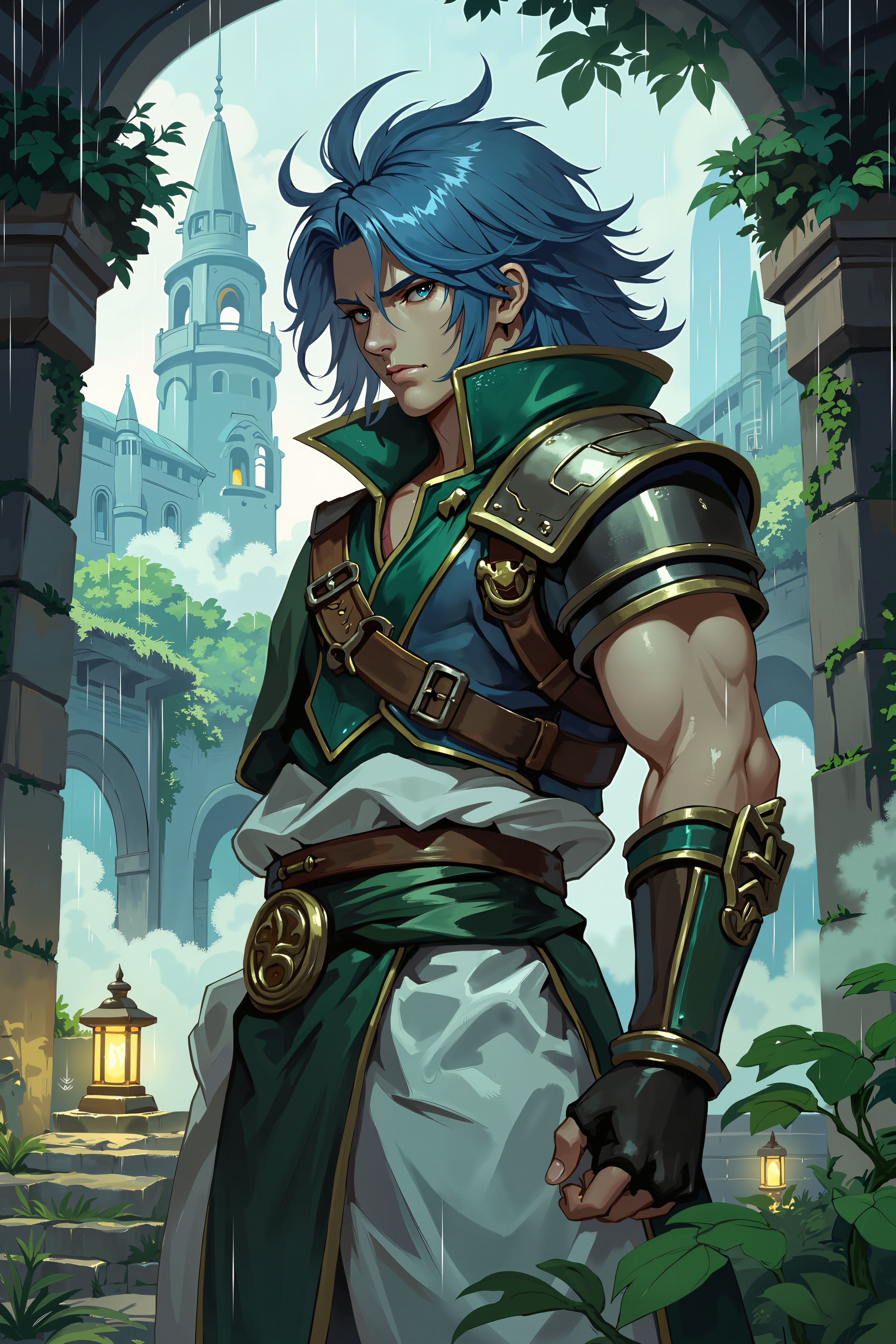 a muscular, blue-haired male warrior with a serious expression. He wears a sleeveless armor vest with green accents and white pants. The background features a mystical, ancient-looking city with arches and lanterns, partially shrouded in mist and rain. The scene is lush with green foliage, and the overall color palette is cool blues and greens. , detailed background  Fantastic lighting. Detailed shadows.intricate details, vivid colors, hyper-detailed, ultra-sharp, , <lora:XRSTYLE_FLUX:0.7><lora:RetroAnimeFluxV1:0.4><lora:MoriiMee_Gothic_Niji_Style_FLUX:0.3>