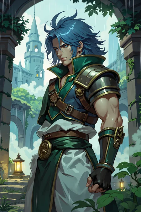 a muscular, blue-haired male warrior with a serious expression. He wears a sleeveless armor vest with green accents and white pants. The background features a mystical, ancient-looking city with arches and lanterns, partially shrouded in mist and rain. The scene is lush with green foliage, and the overall color palette is cool blues and greens. , detailed background Fantastic lighting. Detailed shadows.intricate details, vivid colors, hyper-detailed, ultra-sharp, , <lora:XRSTYLE_FLUX:0.7><lora:RetroAnimeFluxV1:0.4><lora:MoriiMee_Gothic_Niji_Style_FLUX:0.3>