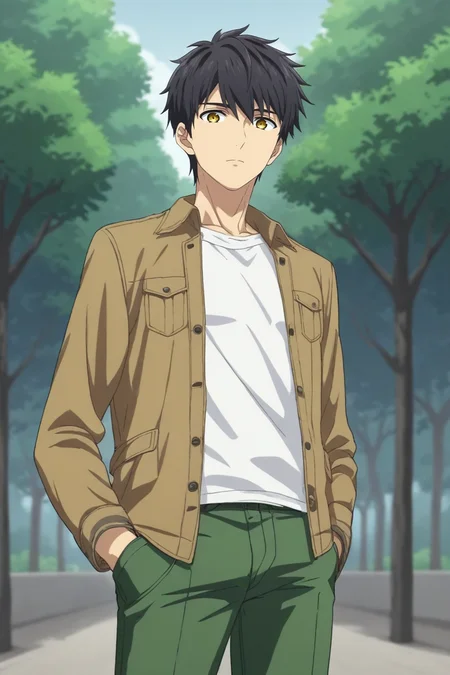 score_9, score_8_up, score_7_up,score_6_up,score_5_up,score_4_up,source_anime,BREAK, rating_safe, intricate details , , , anime screencap, anime coloring, official style, depth of field,1boy, solo, male focus , , ,  <lora:kuro_sakuragawa:0.85>,kuro sakuragawa,black hair,yellow eyes,short hair,bangs,looking at viewer, shirt, standing, jacket, white shirt, open clothes,green pants, pocket, brown jacket, hands in pockets,from below,outdoors , , , <lora:sdxl_lightning_8step_lora_315544:1>