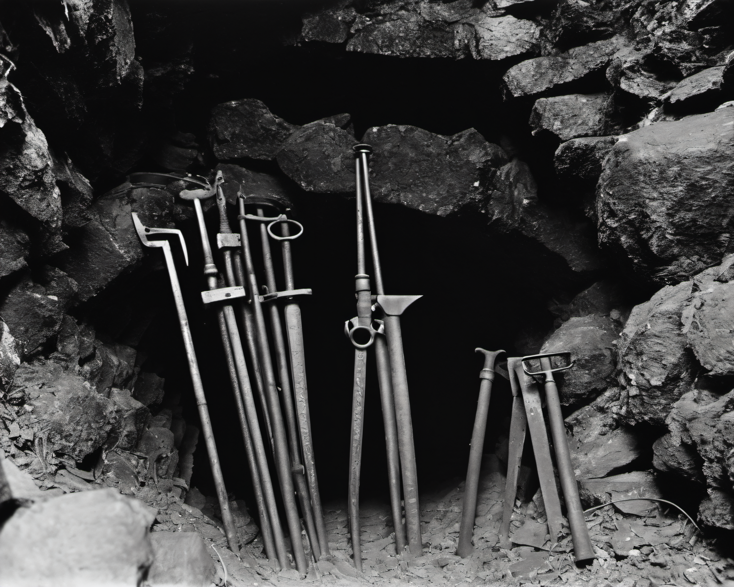 in a post-apocalyptic abandoned mine, blocked tunnel entrance, rusted tools., by Man Ray, SZ_4poXL enviroment   <lora:Post ApocalypticXL_v2:0.6>