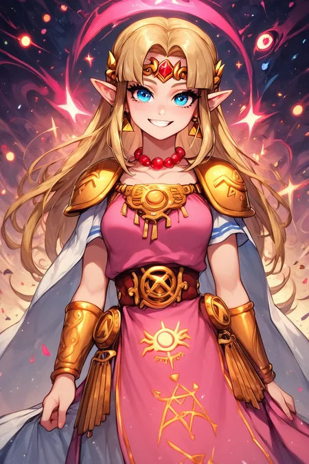 score_9, score_8_up, score_8, medium breasts, (curvy), cute, eyelashes, BREAK, , BREAK, <lora:UltimatePrincessZelda_PDXL_v1:0.8>, zzUZelda, blonde hair, jewelry, dress, pink tabard, triforce, circlet, armor, earrings, necklace, shoulder armor, tiara,, <lora:Occult_Oculi_Magic_PDXL:1.0>, occultoculi, , BREAK, smile, looking at viewer, cowboy shot, embedding:zPDXL, Expressiveh, <lora:SDXLFaeTastic2400:0.5>, <lora:Expressive_H-000001:0.4>,