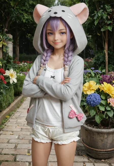 score_9, score_8_up, score_7_up, realistic, BREAK
1girl, outdoors, garden, flowers, crossed arms, smile, closed mouth
<lora:Hanamori-Natsumi-m4-000005:0.7>
Hanamori-Natsumi
purple hair, twin braids, grey hoodie, animal hood, white shirt, puffy shorts, white shorts, polka dot bow, grey socks
