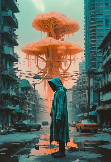 Liminal dreamscape: Cyberpunk Maldives meets wizard's memory, captured on weathered Polaroid film. Dense urban landscape of Malé transforms into living, breathing magical ecosystem. Gnarled branch-wand emerges from neon-drenched skyscrapers, casting ethereal spells that dissolve architectural boundaries.
Januz Miralles-inspired mixed media aesthetic: Organic paint smudges blend with ultra-detailed cybernetic textures. Mysterious young wizard stands at intersection of technology and natural magic, surrounded by spectral creatures merging with architectural forms. Neon lights 
Vintage film texture - Kodachrome meets digital hallucination. Rich orange and deep cybernetic blues create mesmerizing color palette. Vignettes of magical interference interrupt hyper-realistic urban landscape. Film grain
Centered composition revealing impossible transformation: Skyscrapers breathing, streets liquefying, technological infrastructure becoming sentient. Whimsical creatures emerging from infrastructure, blending Wizardcore mysticism with dense urban landscape. 
Cinematic lighting suggesting multiple realities coexisting. Desaturated yet intensely detailed.