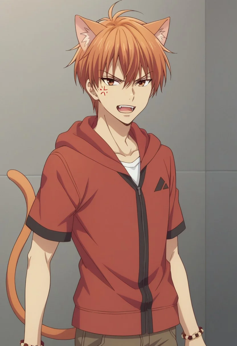 score_8_up, score_7_up, source_anime, highly detailed, 
kyosohma, 1boy, male focus, solo, hood, orange hair, upper body, hoodie, red hoodie, pants, brown pants, looking at viewer, standing, jewelry, bracelet, animal ear, cat ears, tail, cat tail, fangs, teeth, open mouth, anger vein, parody,
indoor, japanese
