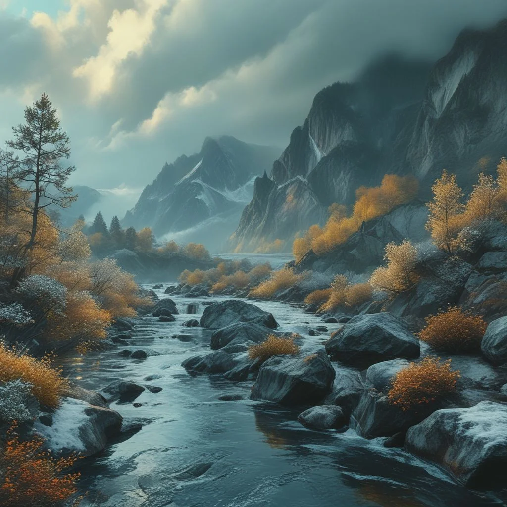(masterpiece oil painting in photorealistic style:1.4) (fantasy nightscape with aurora:1.5), (snowy mountains overlook misty evergreen valley with river:1.4), high quality oil paint, aerial view, overhead shot, vast, depth of field, deep hues, intense shadows, raking light, dramatic lighting, fine details and brushstrokes, ultra-detailed textures, magical aura, fantasy aura, iridescence, luminous, aesthetic, breathtaking, beautiful