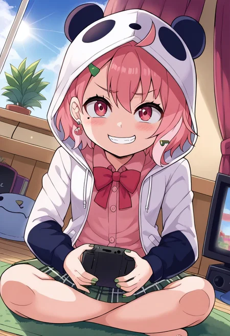 source_anime, rating_safe, BREAK <lora:sakuSasaki_XL-Pony_LoRA-C3Lier_16-16-8-8_AdamW_Un3e-4_Te1.5e-4_10batch:1>, sasaki saku, 1girl, virtual youtuber, pink hair, multicolored hair, short hair, ahoge, pink eyes, green nails, mole under eye, hairclip, earrings, animal hood, panda hood, hood up, two-tone jacket, white jacket, black sleeves, long sleeves, collared shirt, pink shirt, red bowtie, plaid skirt, green skirt, sitting, grin, nintendo switch, playing games, looking at viewer, facing viewer, dutch angle, light particles, carpet, cushion, television, potted plant, window, window shade, curtains, blue sky, cloud, sunlight
