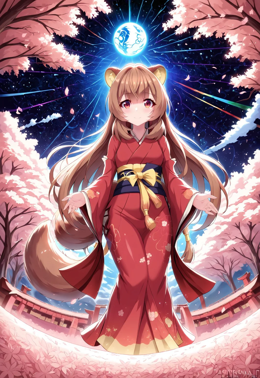 raphtalia, red eyes, brown hair, raccoon girl, long hair, raccoon ears, raccoon tail, eye catching, masterpiece, best quality, (Highest picture quality),(Master's work),(Detailed eye description),(8K wallpaper)(De-tailed face description),extreme detailed,(fractal art:1.3),colorful,highest detailed ,colorful,1girl, white and red kimono, miko kimono, Iridescence red eyes, Windswept Disheveled orange brown hair, long hair,hair between eyes, hair ornaments,red raccoon ears, red raccoon tail, raphtalia, Iridescence and rainbow dress, blush,outdoors,cherry blossoms, falling petals, night,starry sky,hyper detailed Background,