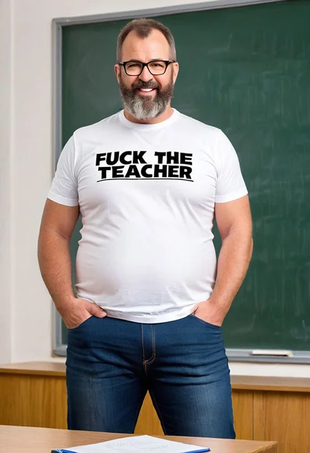 (50-year-old overweight hairy nerdy teacher) Caucasian wearing a tight white t-shirt with the words (FUCK THE TEACHER) on it, big-pecs, on class, blackboard on background, wearing skin tight skinny jeans, short-hair, huge bulge, blurry background