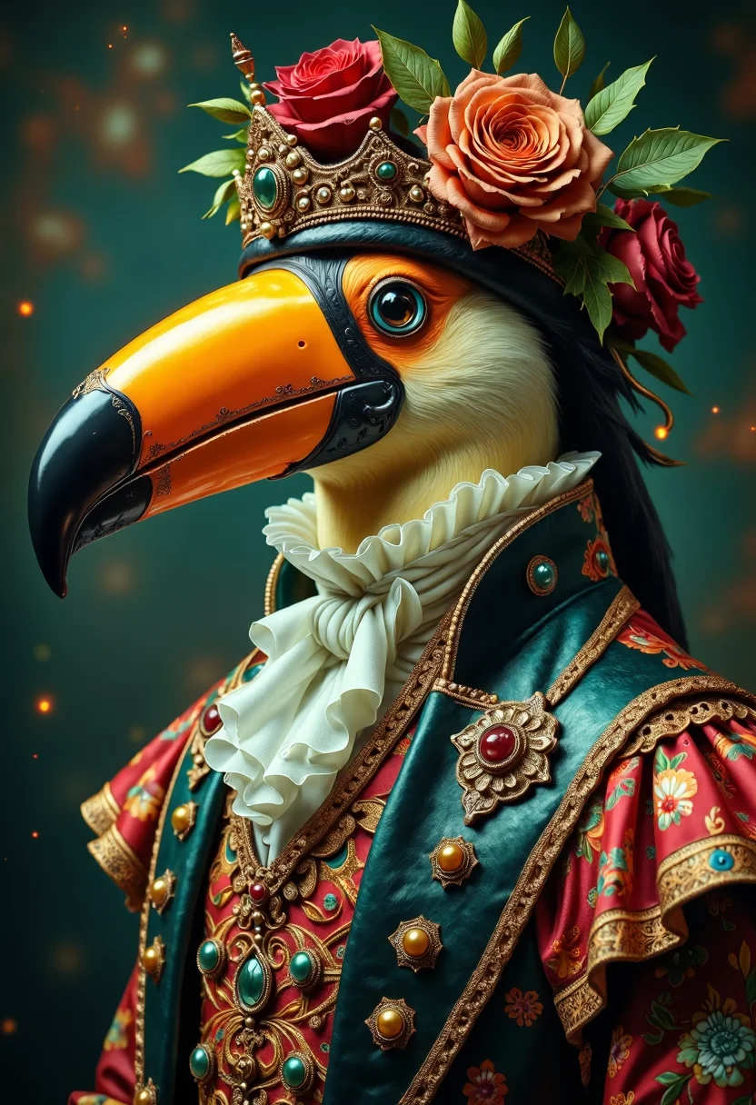 yfg-sm0rg a toucan dressed in elaborate Victorian attire, with rich fabrics with intricate patterns and textures. The dazzling masterpiece features light leaks and double exposure effects, creating a stunning, detailed artwork of vibrant colors.