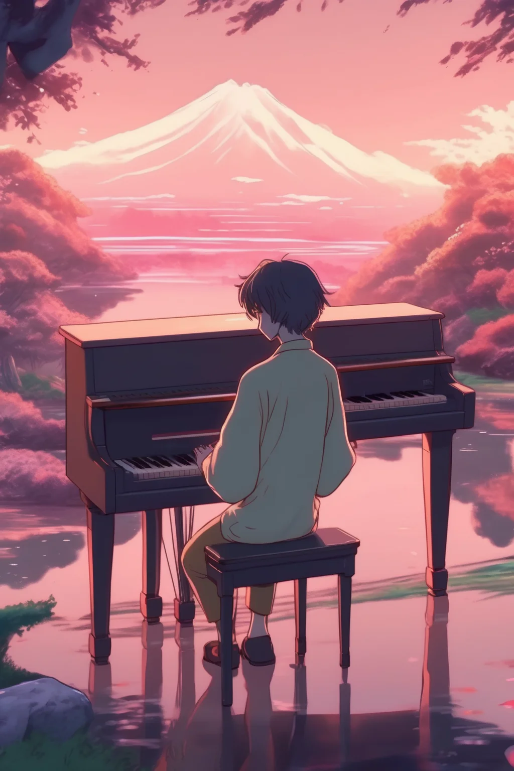 <lora:Makoto Shinkai Style:1>Makoto Shinkai Style - an anime lofi cover of a person playing piano in a beautiful japanese landscape