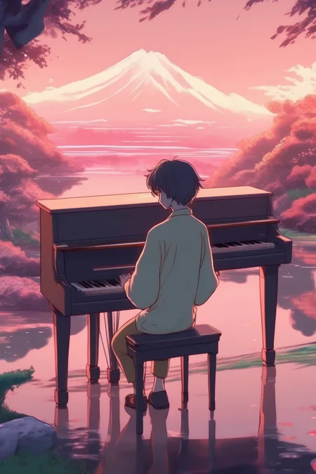<lora:Makoto Shinkai Style:1>Makoto Shinkai Style - an anime lofi cover of a person playing piano in a beautiful japanese landscape