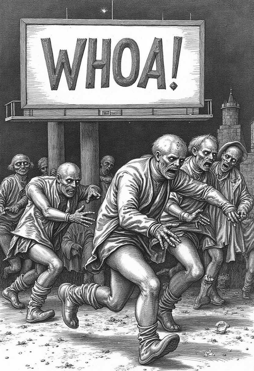 yfg-durer Zombies running screaming. A large billboard in the background reads "WHOA!"