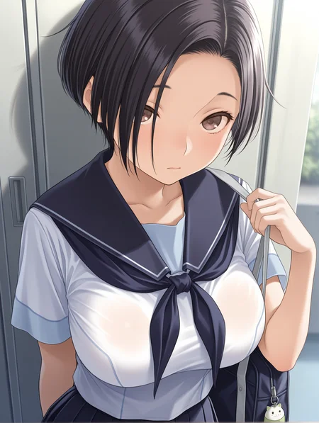masterpiece,best quality,newest,1girl,solo,
<lora:kobayakawa_rinko_ilxl_v1:1>,k_rinko,black hair,r_s_clothes,white shirt,neckerchief,pleated skirt,bag,
<lora:Fixhands_anime_bdsqlsz_V1:1>,big breasts,expressionless,frustrated_brow,