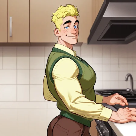 masterpiece, best quality, absurdres, newest, perfect quality, best quality, absolutely eye-catching, detailed background, intricate details, bara, 1boy, male, male focus, solo, mature, yellow hair, short hair, blue eyes, thick eyebrows, freckles, yellow shirt, long sleeves, green sweater vest, brown pants, bara, muscular, large pectorals, large biceps looking at viewer, looking at viewer, side view, smile, kitchen scenery, very awa, best quality, absurdres, newest, perfect quality, detailed background, intricate details, (artist:rokudenashi:0.8), (artist:dizdoodz:0.7), (artist:gomtang:0.6)