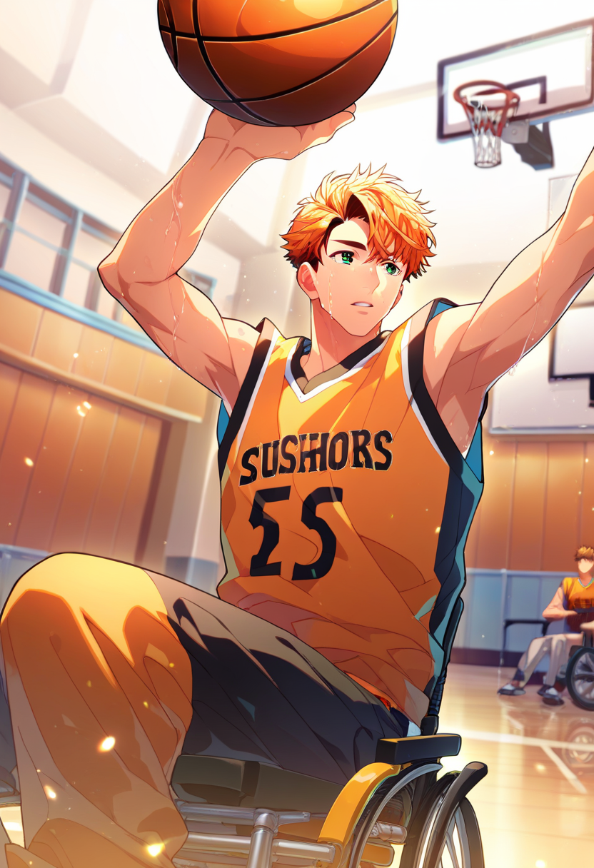 1boy, male focus, 
,((zPDXL)), score_9_up, score_8_up, score_7_up, score_6_up, score_5_up, score_4_up, best quality, amazing quality, best aesthetic, absurdres, year2023, uncensored, nsfw, official art, official style, depth of field, detailed eye,
<lora:Character - StaOke - Takuto Akabane:0.8> green eyes, orange hair, takuto
indoor, sitting, wheelchair, basketball \(object\), sportswear, very sweaty, action,  basketball court, orange shirt, dynamic pose, holding basketball, parted lips,