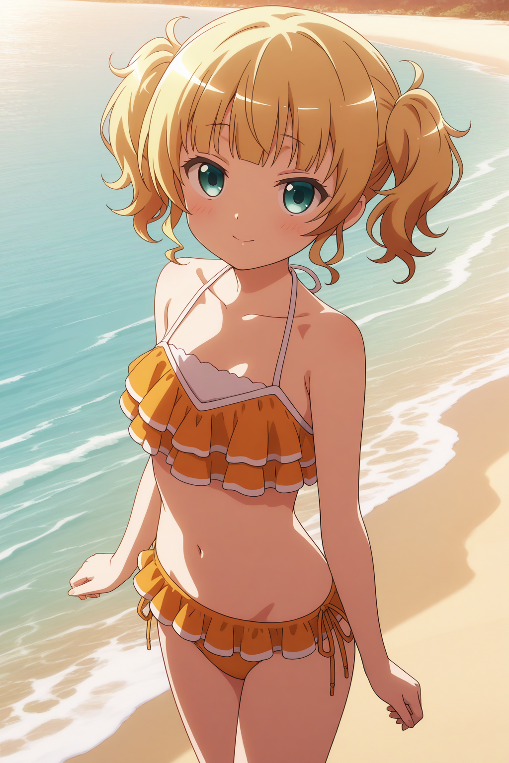 very awa, (vivid colors), detailed eyes, shining eyes, masterpiece, best quality, ultra-detailed, (8k), (hdr), (ultra-detailed), absurdres, looking at viewer, solo, 1girl, girl, outdoors, beach, day, smile, aasyaro, blue eyes, blonde hair, wavy hair, short twintails, syaroswim, swimsuit, orange bikini, bikini skirt, frilled bikini, side-tie bikini bottom, ((standing, cowboy shot))