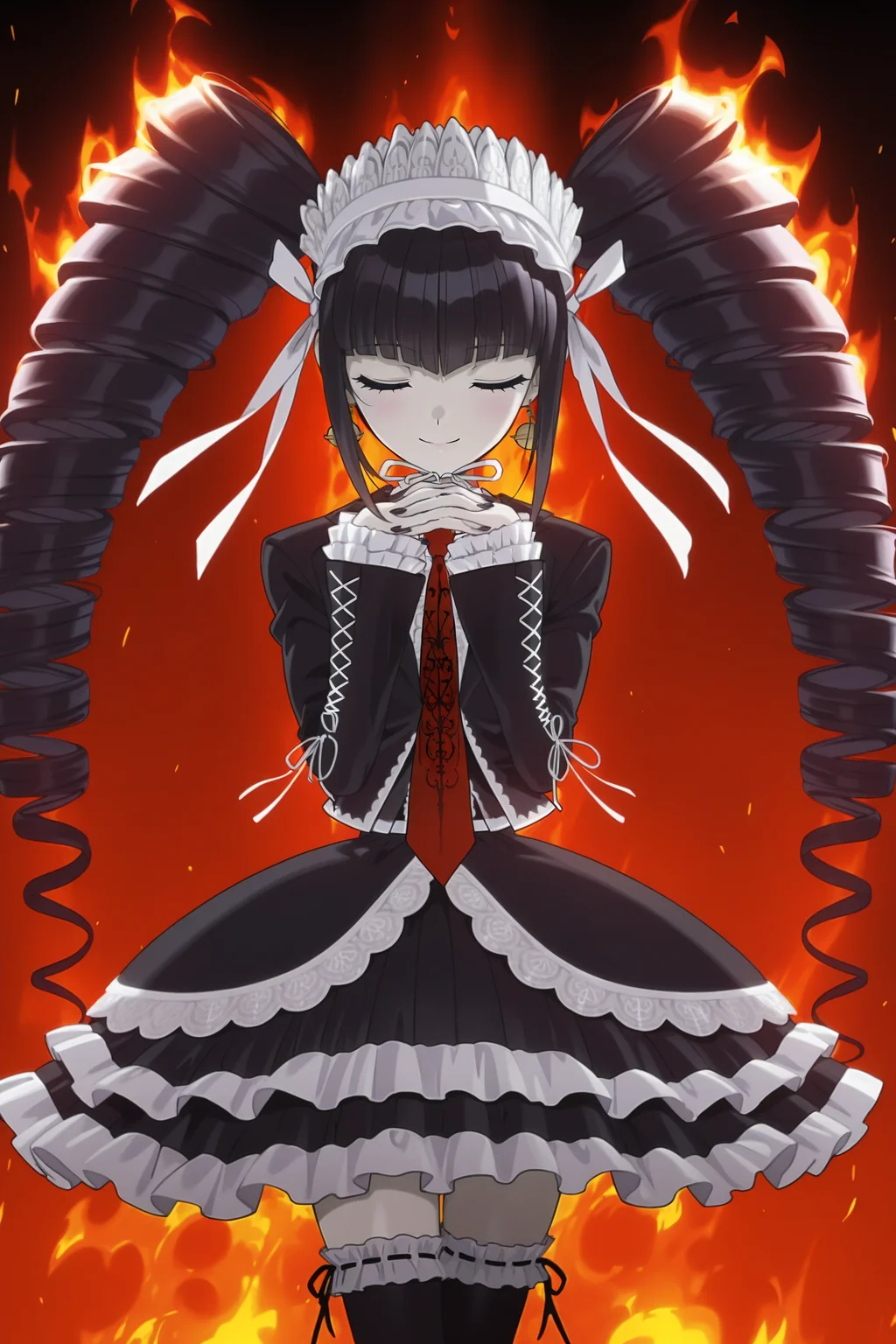 anime screencap, masterpiece, best quality, amazing quality, very aesthetic, absurdres,  newest, (scenery, volumetric lighting),
celestia ludenberg, 1girl, solo, long hair, smile, black hair, twintails, print necktie, drill hair, own hands together, fire, twin drills, card, gothic fashion, burning, own hands clasped, bonnet, hands under chin, black jacket, closed eyes, cowboy shot, pale skin, frilled thighhighs, frilled sleeves, collared shirt, red necktie, open jacket
<lora:Celestia_IL:0.8>