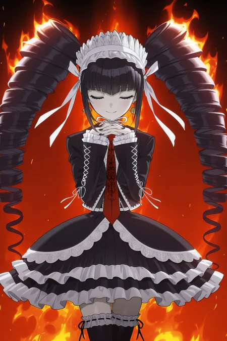 anime screencap, masterpiece, best quality, amazing quality, very aesthetic, absurdres,  newest, (scenery, volumetric lighting),
celestia ludenberg, 1girl, solo, long hair, smile, black hair, twintails, print necktie, drill hair, own hands together, fire, twin drills, card, gothic fashion, burning, own hands clasped, bonnet, hands under chin, black jacket, closed eyes, cowboy shot, pale skin, frilled thighhighs, frilled sleeves, collared shirt, red necktie, open jacket
<lora:Celestia_IL:0.8>
