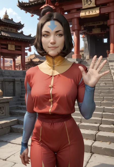 score_9, score_8_up, score_7_up, (1girl), standing, facing viewer, waving, (Jinora), wingsuit, bob cut, single hair bur, brown eyes, (smile:0.6), pagoda, temple