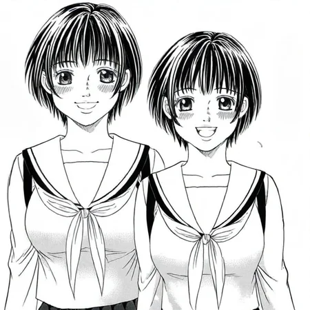 Chisa Hamano, greyscale, monochrome, short hair,  large breasts, serafuku, school uniform, smile, blush