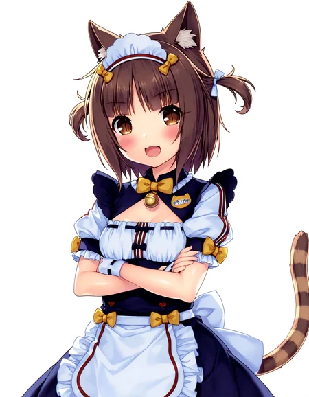 masterpiece, best quality, good quality, very awa, very aesthetic, absurdres, newest, azuki \(nekopara\), 1girl, solo, tail, striped tail, apron, crossed arms, name tag, cat ears, cat tail, bow, brown hair, short sleeves, brown eyes, white background, waist apron, open mouth, jingle bell, maid, maid headdress, :3, smile, puffy short sleeves, looking at viewer, puffy sleeves, two side up, slit pupils, frills, bowtie, :d, ribbon trim, frilled apron, short hair, blush, wrist cuffs, ribbon-trimmed clothes, yellow bow, dress, cleavage cutout, clothing cutout, white apron, small breasts, cowboy shot, animal ear fluff, cat girl, hair bow, yellow bowtie, looking at viewer,<lora:azuki_nekopara:0.8>