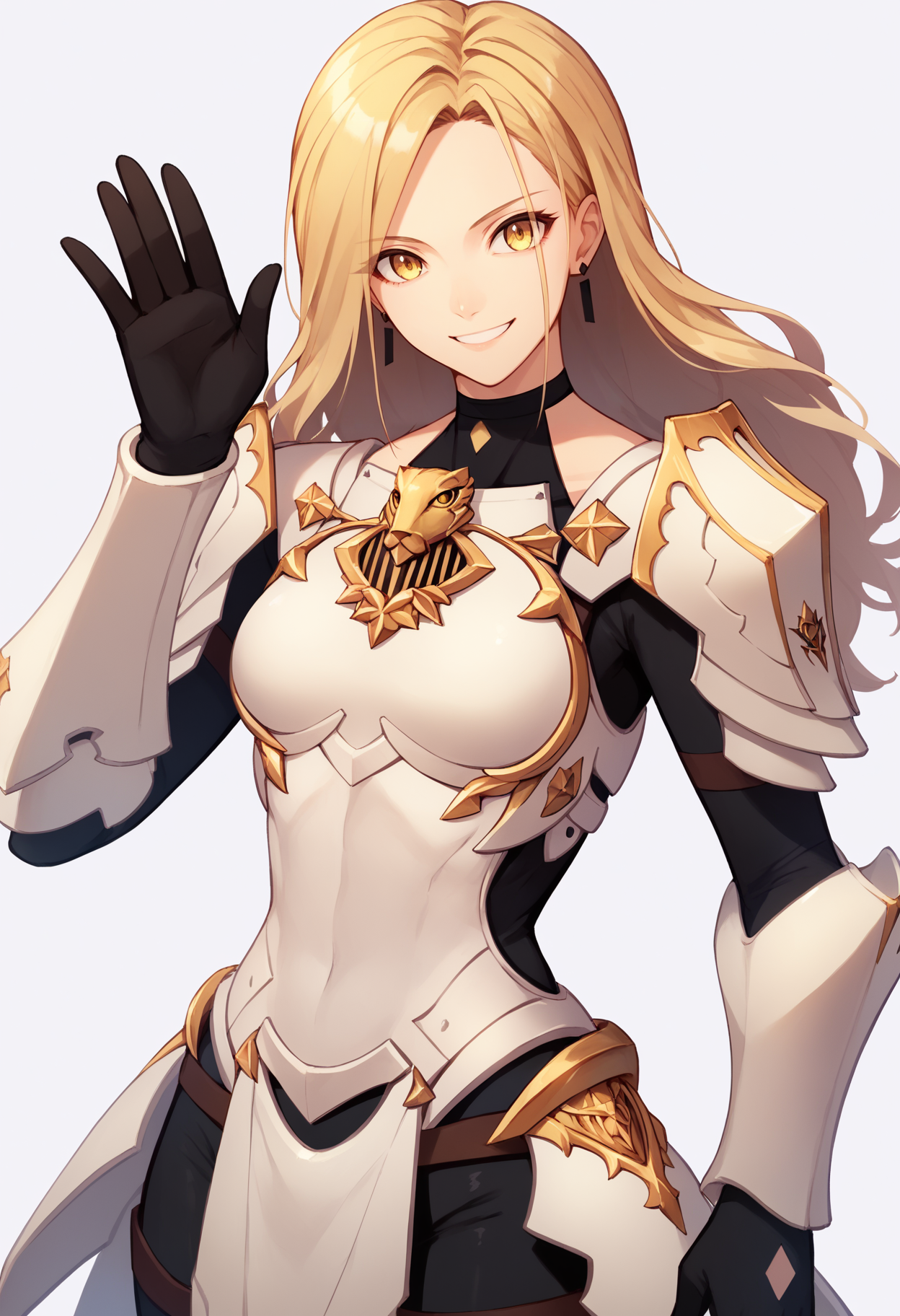 score_9, score_8_up, score_7_up, score_6_up, score_5_up, score_4_up, BREAK,
1girl, kisara, blonde hair, long hair, yellow eyes, earrings
armor, bodysuit, gloves, shoulder armor,
waving, smile, looking at viewer, solo, simple background, white background   <lora:KisaraXL:1>