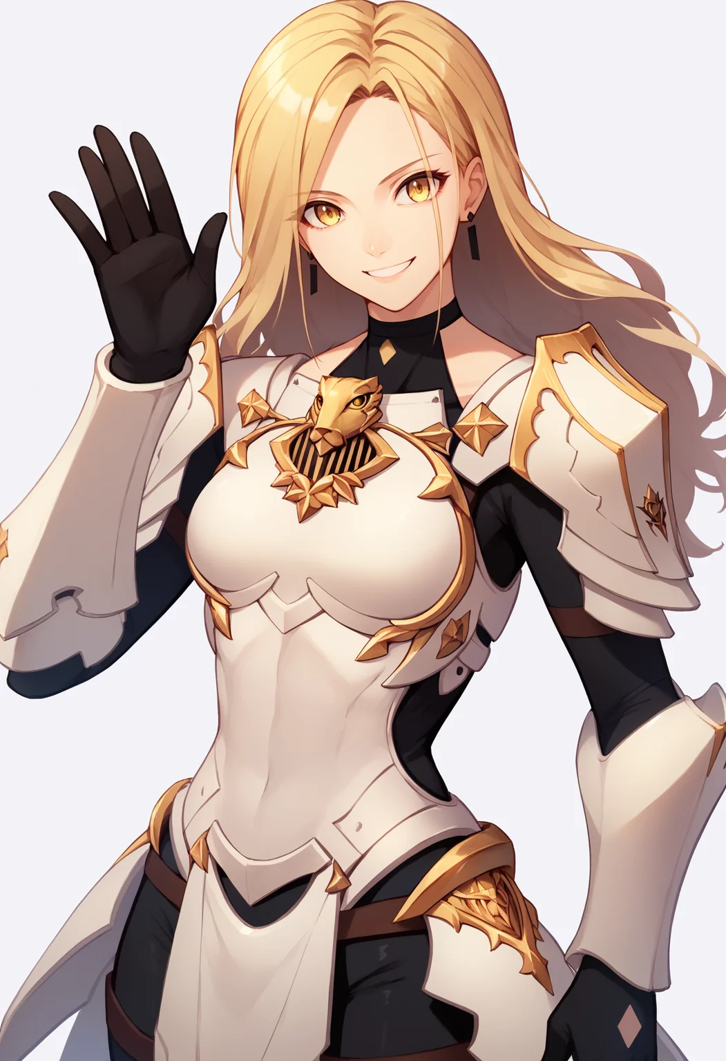 score_9, score_8_up, score_7_up, score_6_up, score_5_up, score_4_up, BREAK,
1girl, kisara, blonde hair, long hair, yellow eyes, earrings
armor, bodysuit, gloves, shoulder armor,
waving, smile, looking at viewer, solo, simple background, white background   <lora:KisaraXL:1>