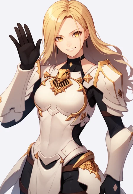 score_9, score_8_up, score_7_up, score_6_up, score_5_up, score_4_up, BREAK,
1girl, kisara, blonde hair, long hair, yellow eyes, earrings
armor, bodysuit, gloves, shoulder armor,
waving, smile, looking at viewer, solo, simple background, white background <lora:KisaraXL:1>