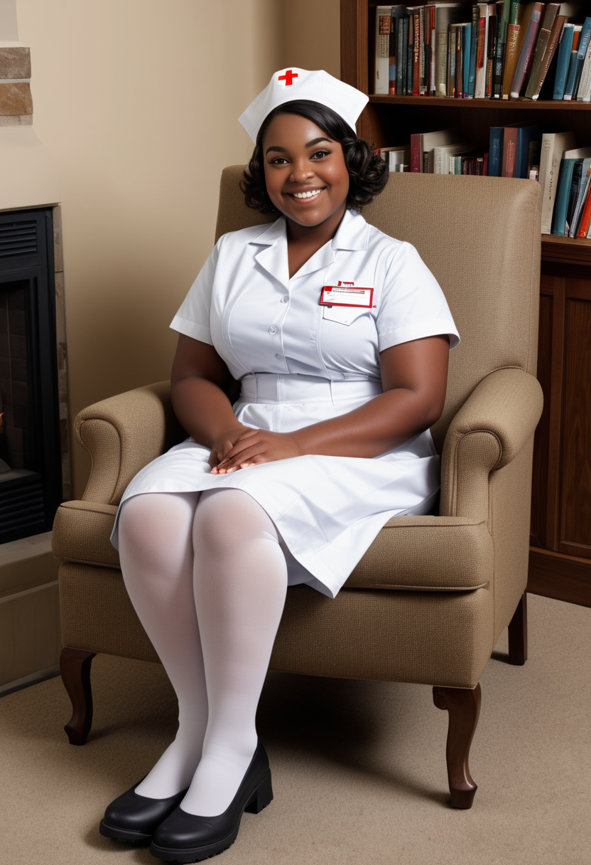 (medium full shot) of (desirable nurse) young woman, full-figured build, short dark hair, south african, dark skin, light brown eyes, wearing a nurse cap, nurse dress, white stockings, orthopedic shoes, name tag carrying a ID badge, set in  Cozy lounge area with plush armchairs, soft carpeting, warm fireplace, bookshelves filled with well-loved novels , woman smiling, detailed face, ,Masterpiece,best quality, raw photo, realistic, very aesthetic