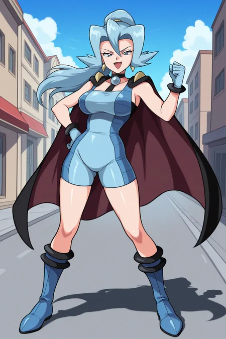 masterpiece, best quality, 1girl, solo, <lora:pkmnclair-illu-nvwls-v1-000006:1> pmc1r, blue hair, high ponytail, long hair, hair between eyes, blue eyes, earrings, black choker, blue bodysuit, sleeveless bodysuit, two-tone bodysuit, blue shorts, black cape, blue gloves, blue boots, large breasts, full body, 1990s \(style\), serious, happy, smirk, open mouth, smile, hand on hip, blue sky, street, hand up, clenched hand