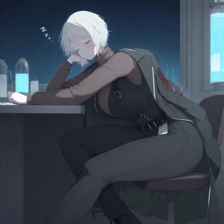 masterpiece, very aesthetic, best quality, high detail, 1girl, solo, solo female, feet out of view, ub1mo, FaustSinner, breasts, curvy, indoors, laboratory, dark room, starry sky, head rest, arms on table, head on table, sleeping, eyes closed, zzz, white hair, short hair, blue eyes, brown turtleneck sweater, black vest, black pants, black footwear, black jacket, jacket on shoulders