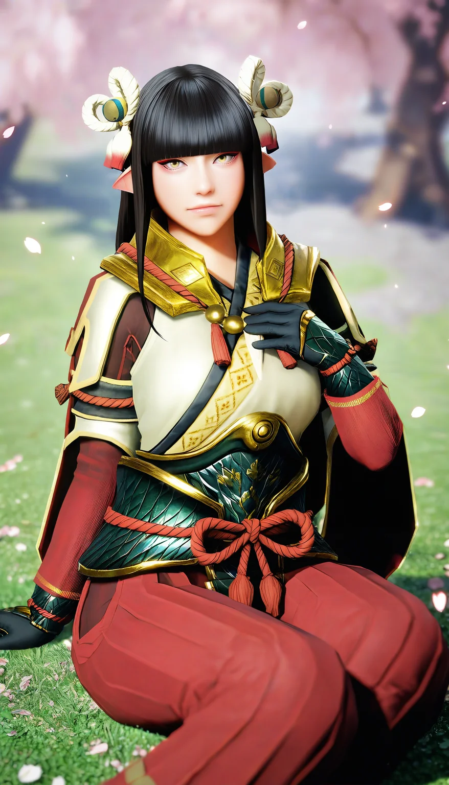 masterpiece,best quality,amazing quality,
<lora:mhminotoNAI:1>,mhminoto,realistic,
1girl,solo,black hair,long hair,blunt bangs,hair ornament,yellow eyes,red and white short cape,white robe top,green waist armor,red hakama pants,black gloves,hand on chest,
looking at viewer,on grass,from above,sitting sideways,cherry blossoms,falling petals,grass,flower,(blurry background:1.4),depth of field,soft lighting,light particles,